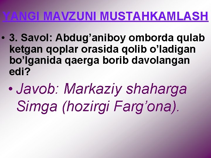 YANGI MAVZUNI MUSTAHKAMLASH • 3. Savol: Abdug’aniboy omborda qulab ketgan qoplar orasida qolib o’ladigan