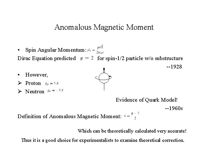 Anomalous Magnetic Moment • Spin Angular Momentum: Dirac Equation predicted for spin-1/2 particle w/o