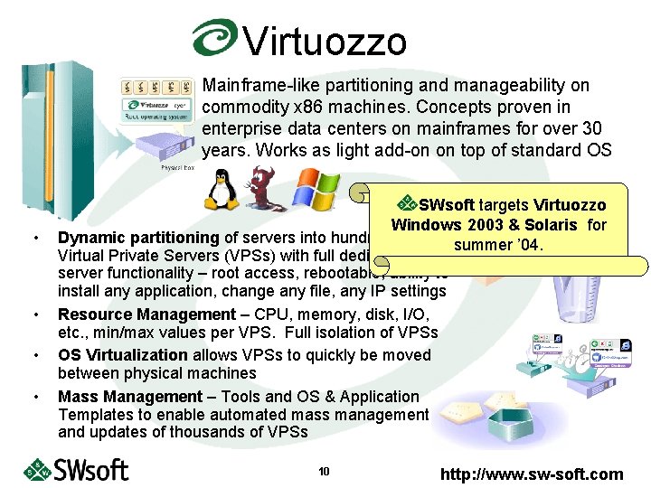 Virtuozzo Mainframe-like partitioning and manageability on commodity x 86 machines. Concepts proven in enterprise