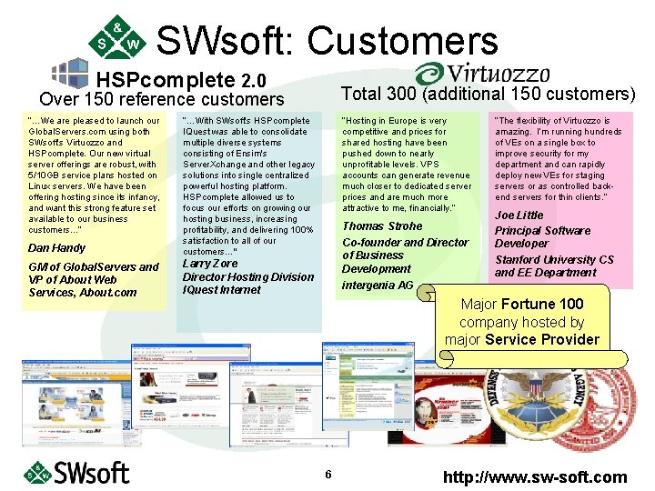 SWsoft: Customers HSPcomplete 2. 0 Total 300 (additional 150 customers) Over 150 reference customers