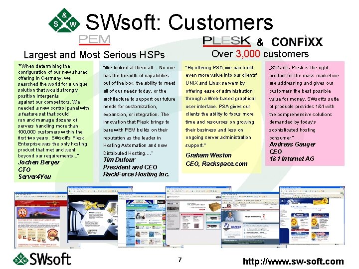 SWsoft: Customers & Over 3, 000 customers Largest and Most Serious HSPs “"When determining