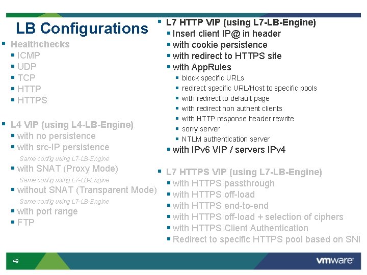 LB Configurations § Healthchecks § ICMP § UDP § TCP § HTTPS § L