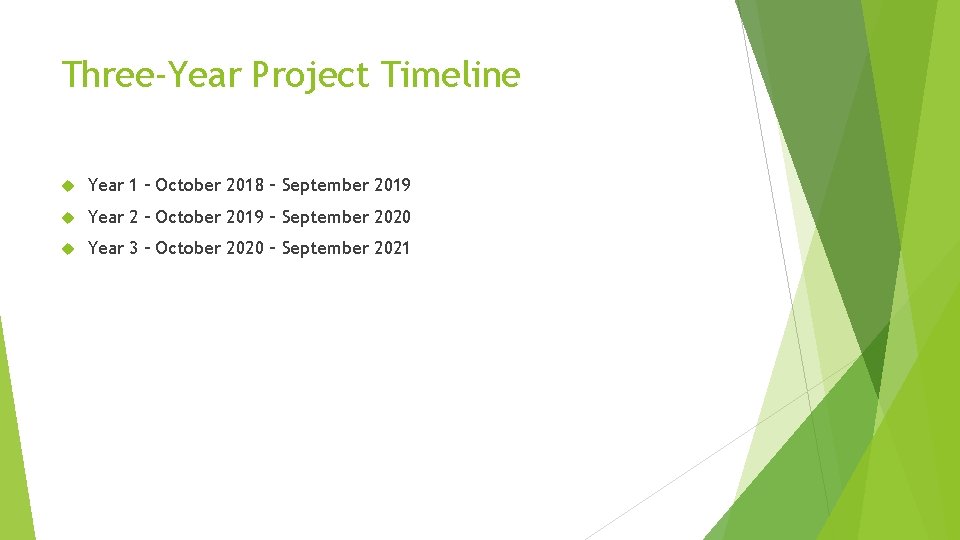 Three-Year Project Timeline Year 1 – October 2018 – September 2019 Year 2 –