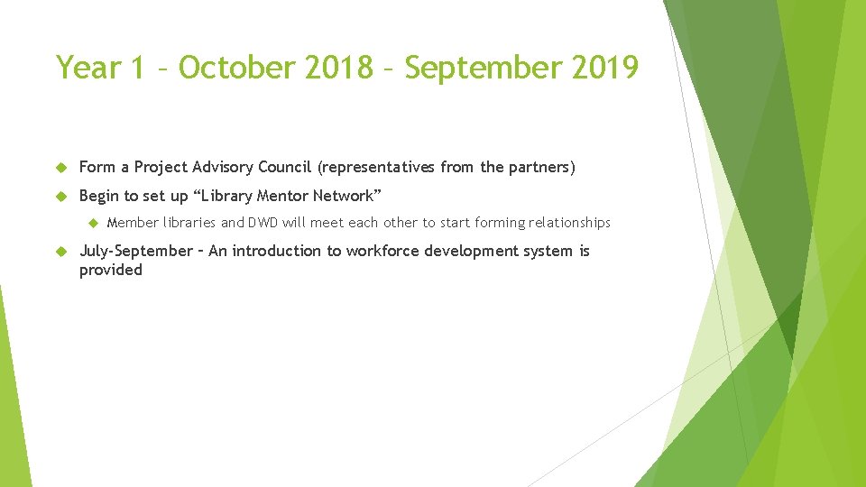 Year 1 – October 2018 – September 2019 Form a Project Advisory Council (representatives