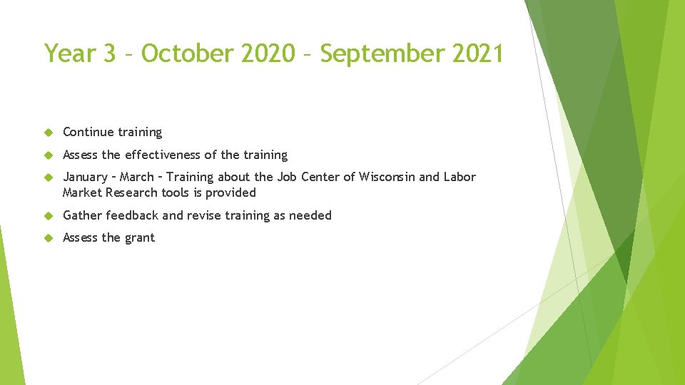 Year 3 – October 2020 – September 2021 Continue training Assess the effectiveness of