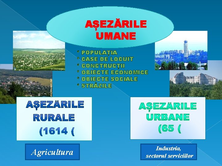 AȘEZĂRILE UMANE * * * Agricultura POPULAȚIA CASE DE LOCUIT CONCTRUCȚII OBIECTE ECONOMICE OBIECTE