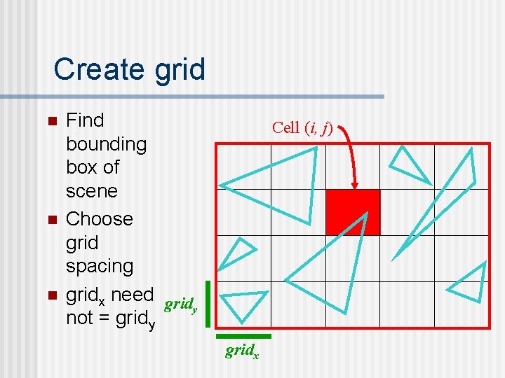 Create grid n n n Find bounding box of scene Choose grid spacing gridx