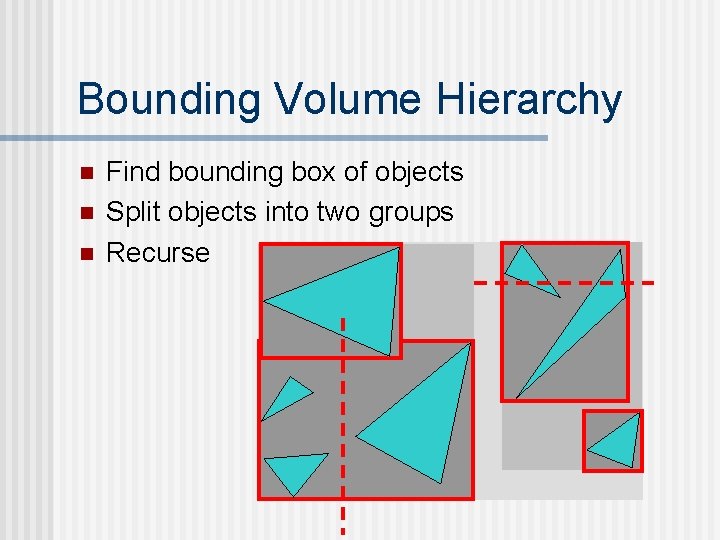 Bounding Volume Hierarchy n n n Find bounding box of objects Split objects into