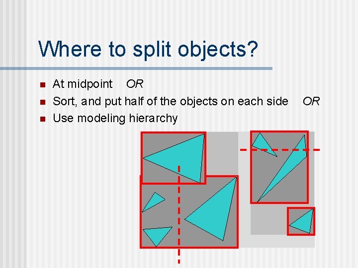 Where to split objects? n n n At midpoint OR Sort, and put half