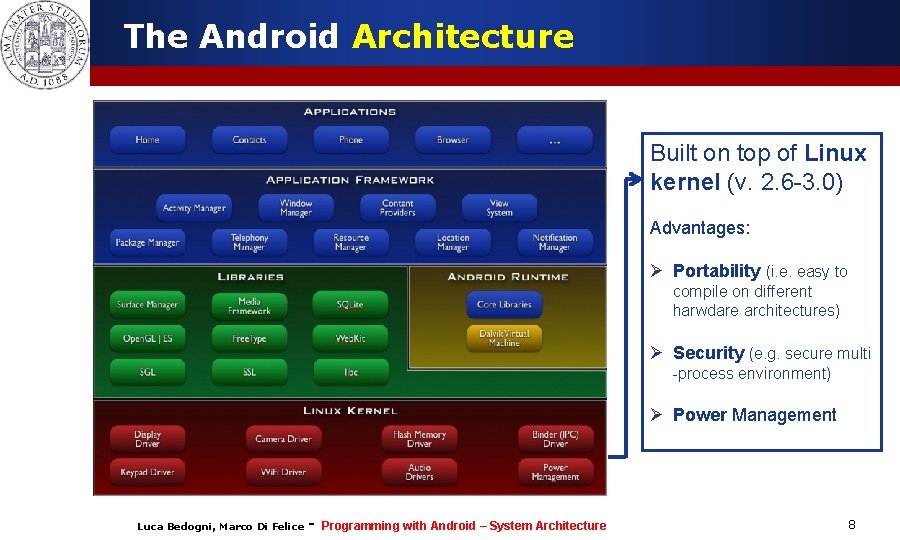 The Android Architecture Built on top of Linux kernel (v. 2. 6 -3. 0)