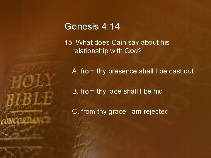 Genesis 4: 14 15. What does Cain say about his relationship with God? A.