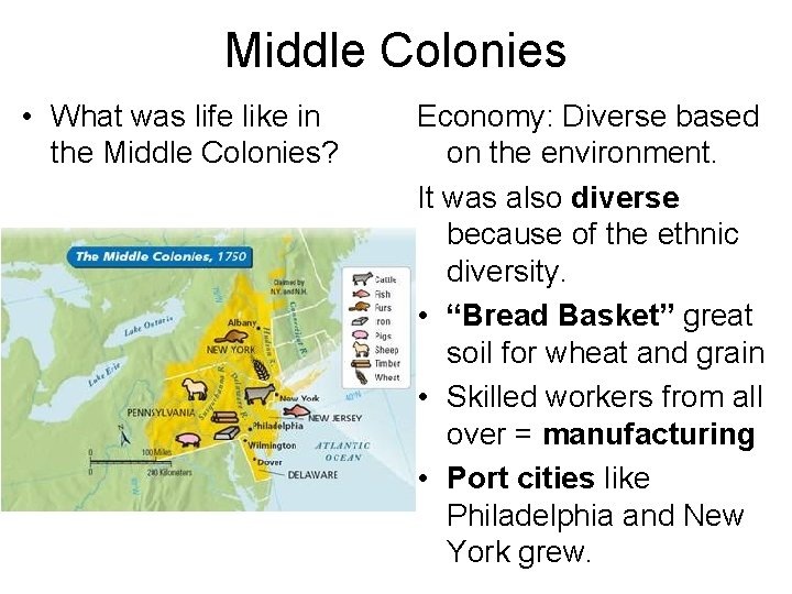 Middle Colonies • What was life like in the Middle Colonies? Economy: Diverse based