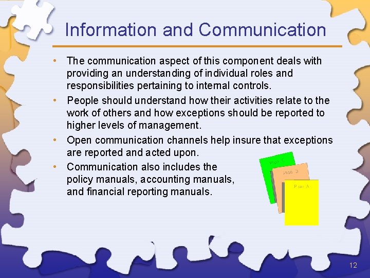 Information and Communication • The communication aspect of this component deals with providing an