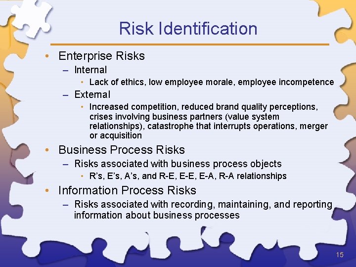 Risk Identification • Enterprise Risks – Internal • Lack of ethics, low employee morale,