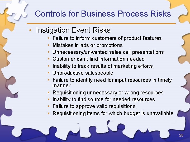 Controls for Business Process Risks • Instigation Event Risks • • • Failure to