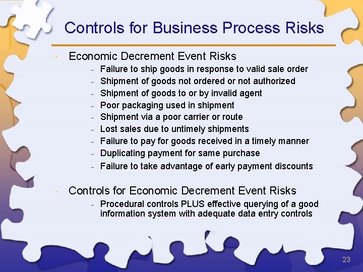 Controls for Business Process Risks • Economic Decrement Event Risks - • Failure to