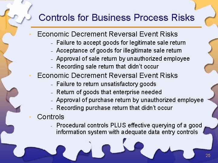 Controls for Business Process Risks • Economic Decrement Reversal Event Risks - • Failure