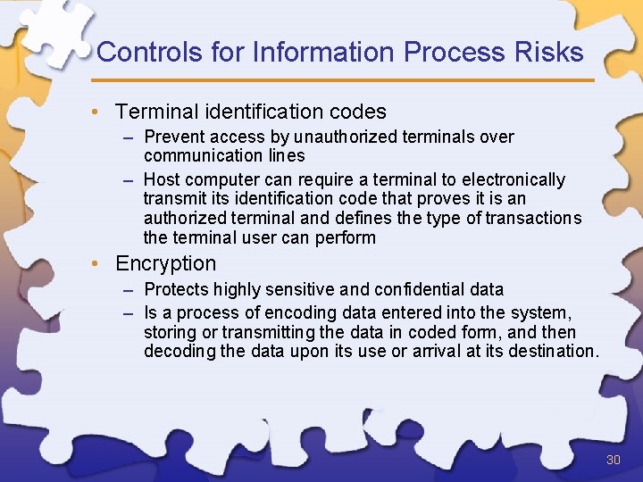 Controls for Information Process Risks • Terminal identification codes – Prevent access by unauthorized