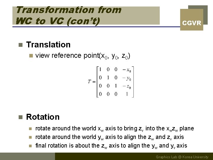 Transformation from WC to VC (con’t) n Translation n n CGVR view reference point(x