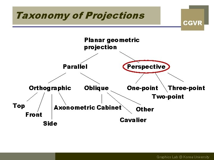 Taxonomy of Projections CGVR Planar geometric projection Parallel Orthographic Top Front Perspective Oblique One-point