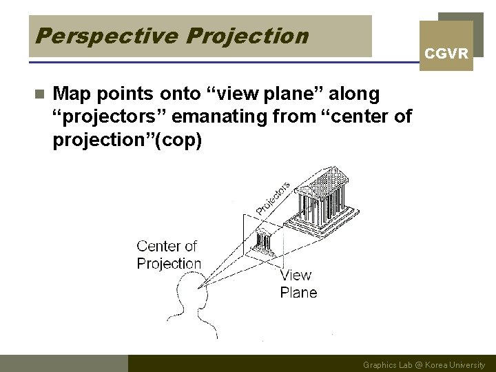 Perspective Projection n CGVR Map points onto “view plane” along “projectors” emanating from “center