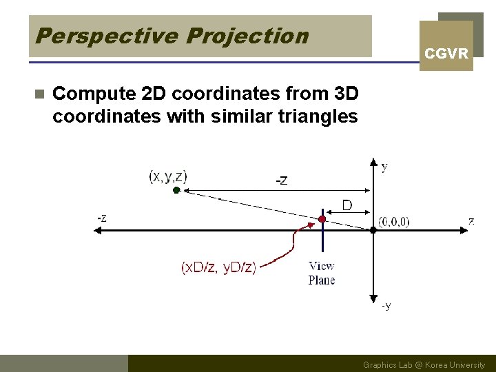 Perspective Projection n CGVR Compute 2 D coordinates from 3 D coordinates with similar