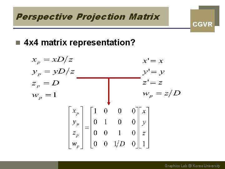 Perspective Projection Matrix n CGVR 4 x 4 matrix representation? Graphics Lab @ Korea
