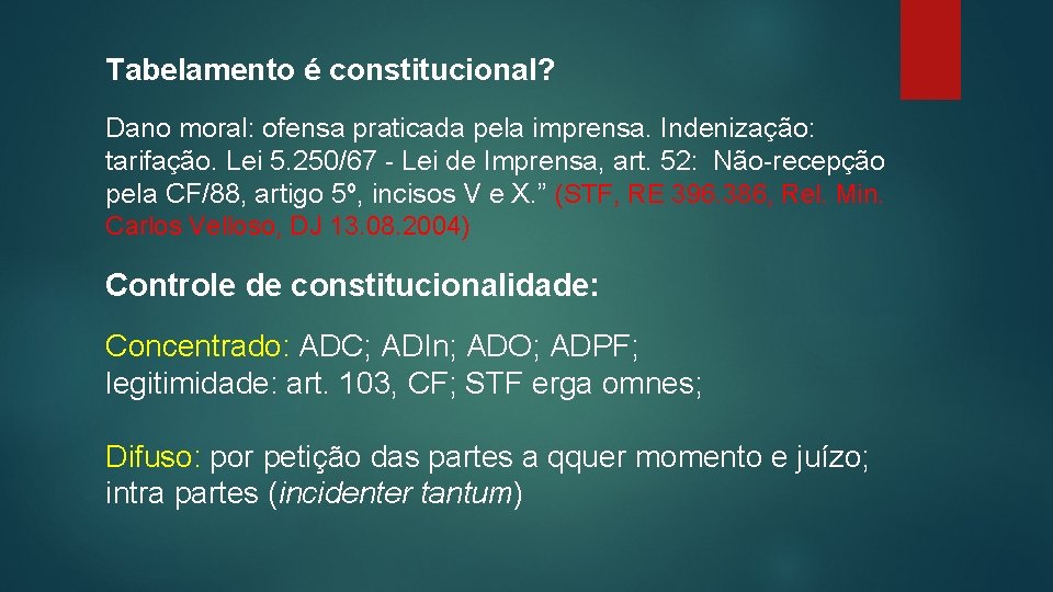 Tabelamento é constitucional? Dano moral: ofensa praticada pela imprensa. Indenização: tarifação. Lei 5. 250/67