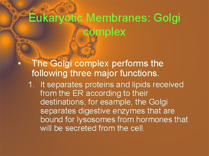 Eukaryotic Membranes: Golgi complex • The Golgi complex performs the following three major functions.