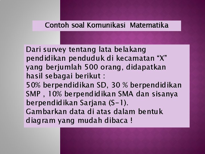 Contoh soal Komunikasi Matematika Dari survey tentang lata belakang pendidikan penduduk di kecamatan “X”