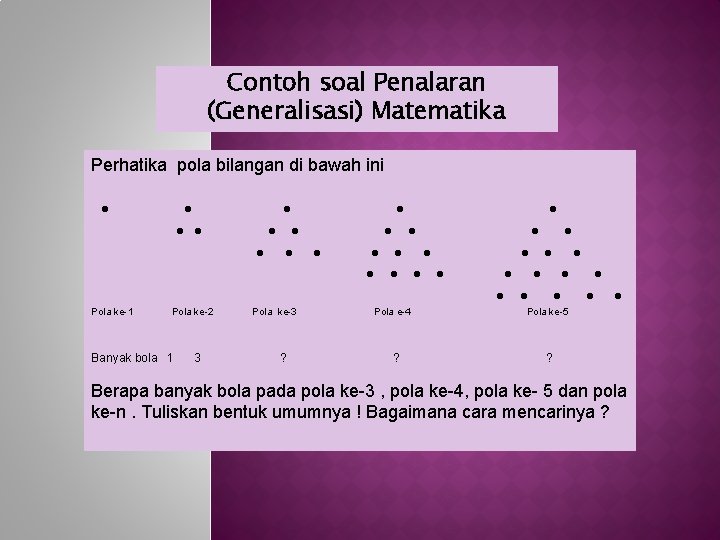 Contoh soal Penalaran (Generalisasi) Matematika Perhatika pola bilangan di bawah ini Pola ke-1 Pola