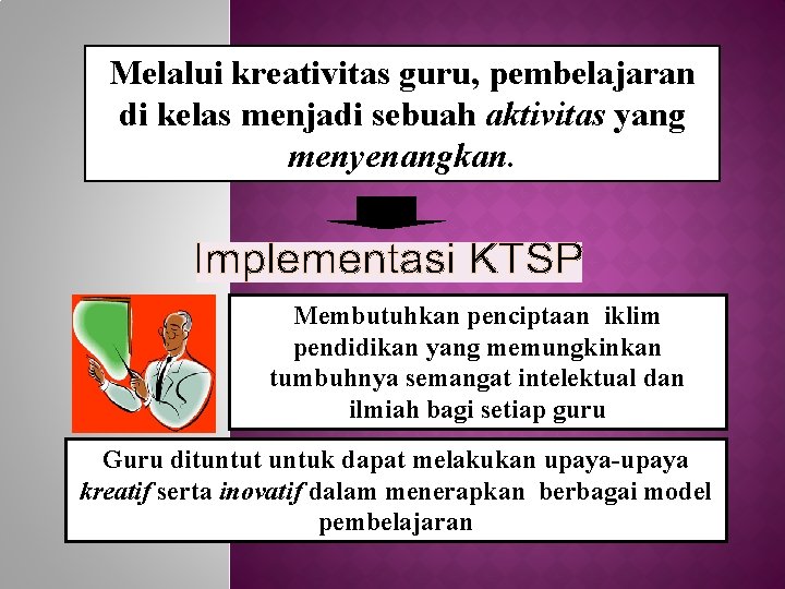 Melalui kreativitas guru, pembelajaran di kelas menjadi sebuah aktivitas yang menyenangkan. Membutuhkan penciptaan iklim