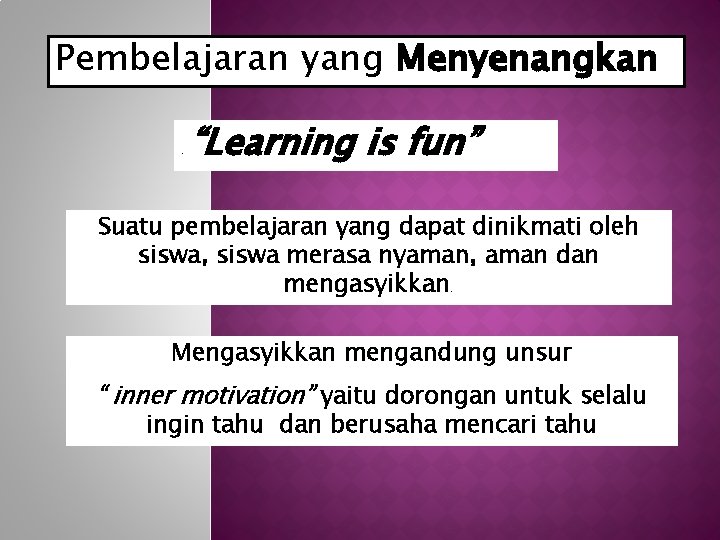 Pembelajaran yang Menyenangkan. “Learning is fun” Suatu pembelajaran yang dapat dinikmati oleh siswa, siswa