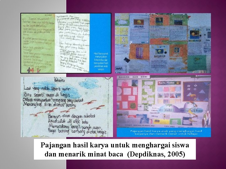 Pajangan hasil karya untuk menghargai siswa dan menarik minat baca (Depdiknas, 2005) 