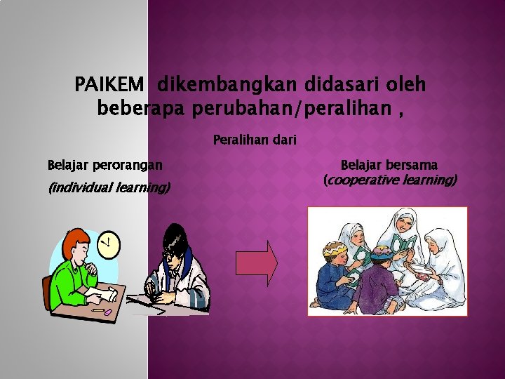 PAIKEM dikembangkan didasari oleh beberapa perubahan/peralihan , Peralihan dari Belajar perorangan (individual learning) Belajar