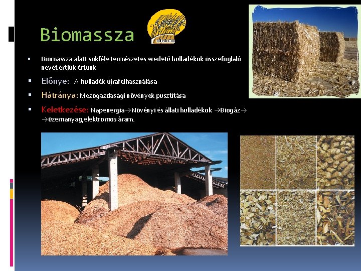 Biomassza alatt sokféle természetes eredetű hulladékok összefoglaló nevét értjük értünk Előnye: Hátránya: Mezőgazdasági növények Biomassza alatt sokféle természetes eredetű hulladékok összefoglaló nevét értjük értünk Előnye: Hátránya: Mezőgazdasági növények