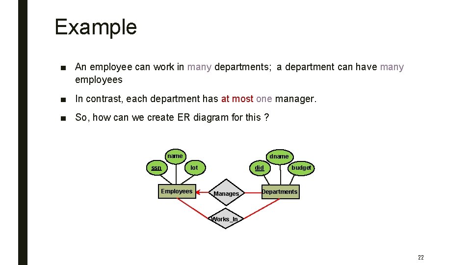 Example ■ An employee can work in many departments; a department can have many