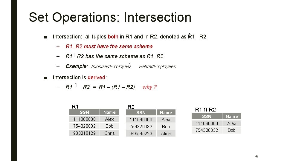 Set Operations: Intersection ■ ■ Intersection: all tuples both in R 1 and in