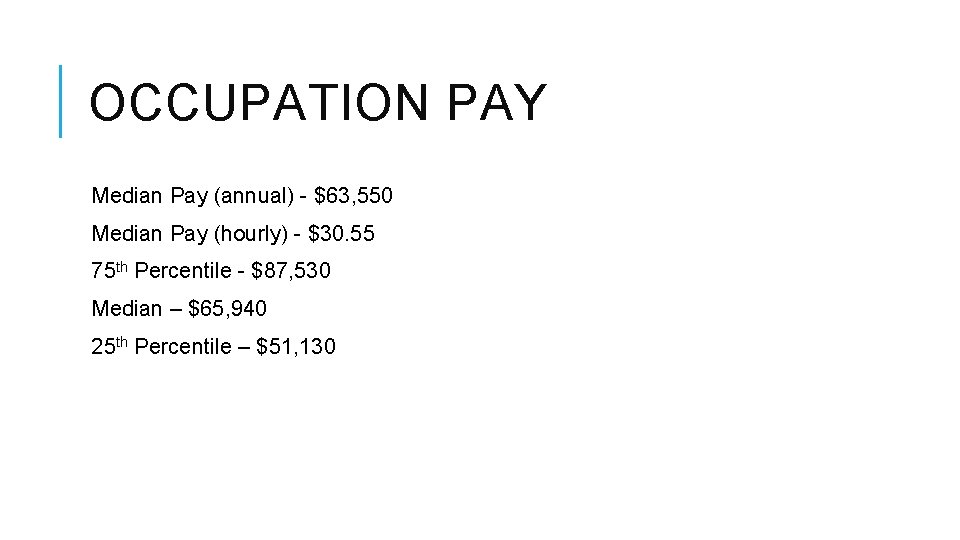 OCCUPATION PAY Median Pay (annual) - $63, 550 Median Pay (hourly) - $30. 55