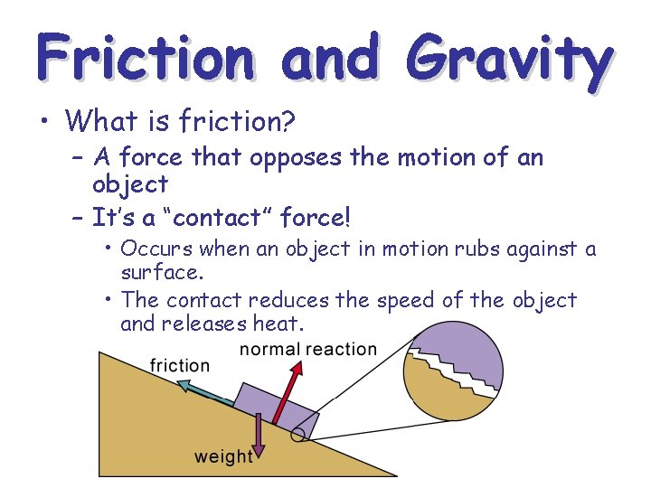 Friction and Gravity • What is friction? – A force that opposes the motion