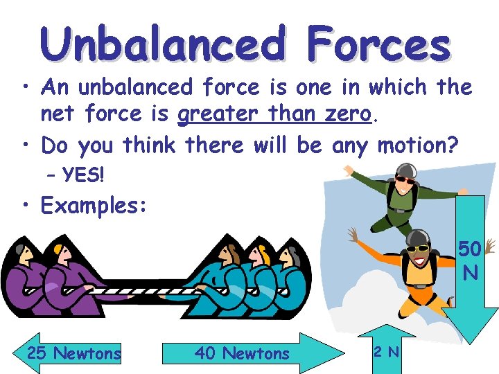 Unbalanced Forces • An unbalanced force is one in which the net force is