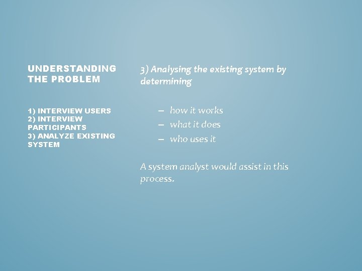 UNDERSTANDING THE PROBLEM 1) INTERVIEW USERS 2) INTERVIEW PARTICIPANTS 3) ANALYZE EXISTING SYSTEM 3)