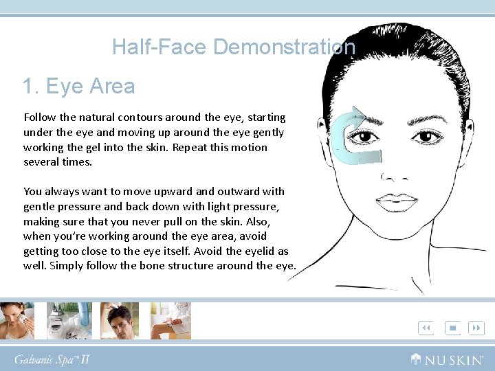 Half-Face Demonstration 1. Eye Area Follow the natural contours around the eye, starting under