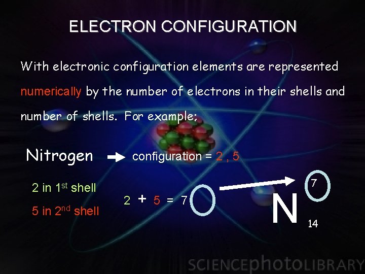 ELECTRON CONFIGURATION With electronic configuration elements are represented numerically by the number of electrons