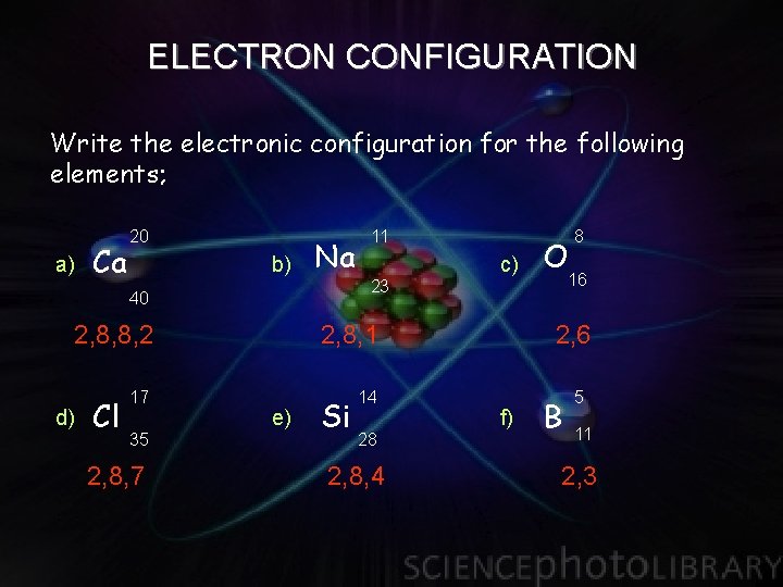 ELECTRON CONFIGURATION Write the electronic configuration for the following elements; a) Ca 20 b)