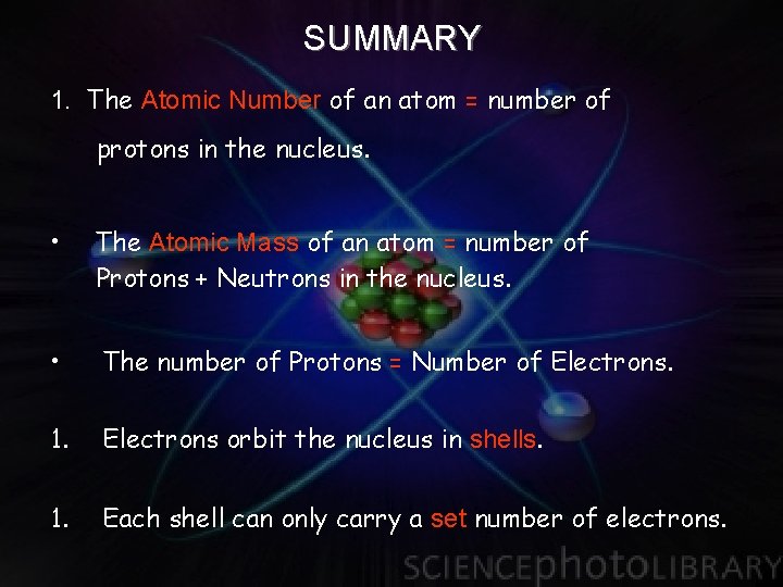 SUMMARY 1. The Atomic Number of an atom = number of protons in the