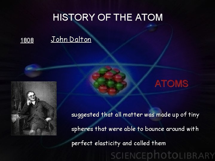 HISTORY OF THE ATOM 1808 John Dalton ATOMS suggested that all matter was made