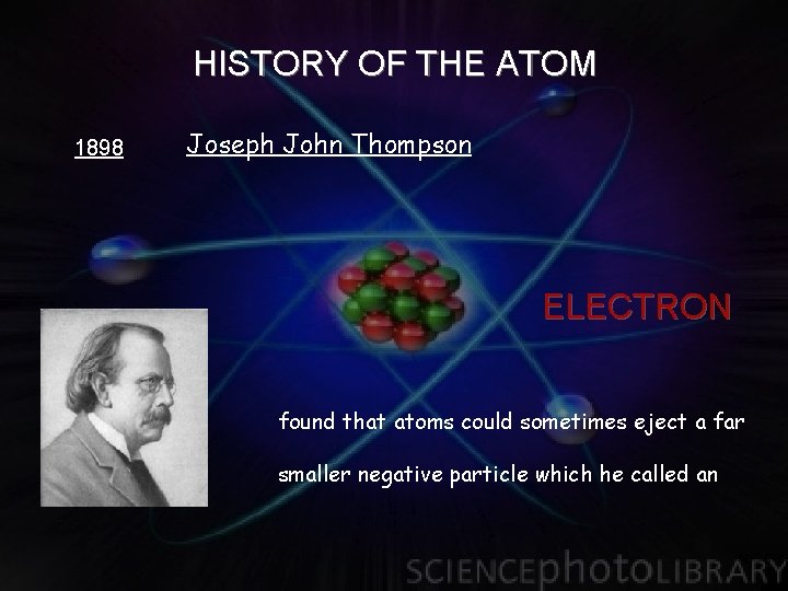 HISTORY OF THE ATOM 1898 Joseph John Thompson ELECTRON found that atoms could sometimes