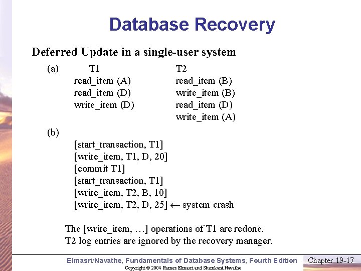 Database Recovery Deferred Update in a single-user system (a) T 1 read_item (A) read_item