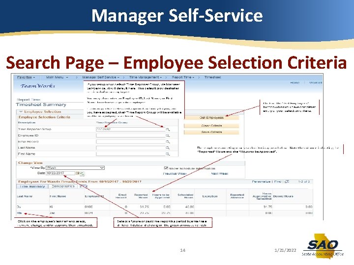 Manager Self-Service Search Page – Employee Selection Criteria 14 1/21/2022 Manager Self-Service Search Page – Employee Selection Criteria 14 1/21/2022